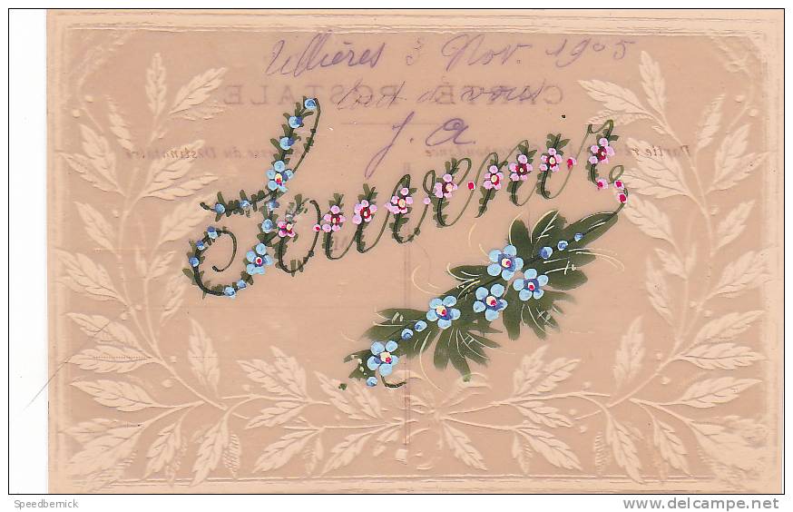 18879 Carte Sur Rodhoide, Transparente, Peinte ; " Souvenir " Fleur Myosotis 1905 - Sonstige & Ohne Zuordnung