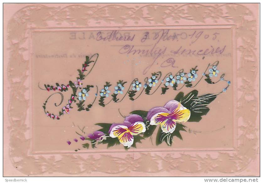 18880 Carte Sur Rodhoide, Transparente, Peinte ; " Souvenir " Fleur Myosotis 1905 - Sonstige & Ohne Zuordnung