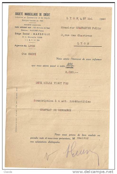 10686 - LETTRE  D'ACTION DE BANQUE - SOCIETE  MARSEILLAISE DE CREDIT (Année 1946). - Bank En Verzekering