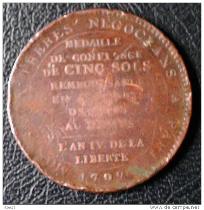 MONNAIE DE CONFIANCE-MONNERON DE 5 SOLS AU SERMENT-AN IV-1792 - Autres & Non Classés