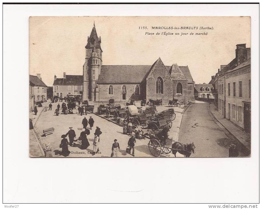 CPA  MAROLLES LES BRAULTS  Place De L´église Un Jour De Marché, Très Animée - Marolles-les-Braults