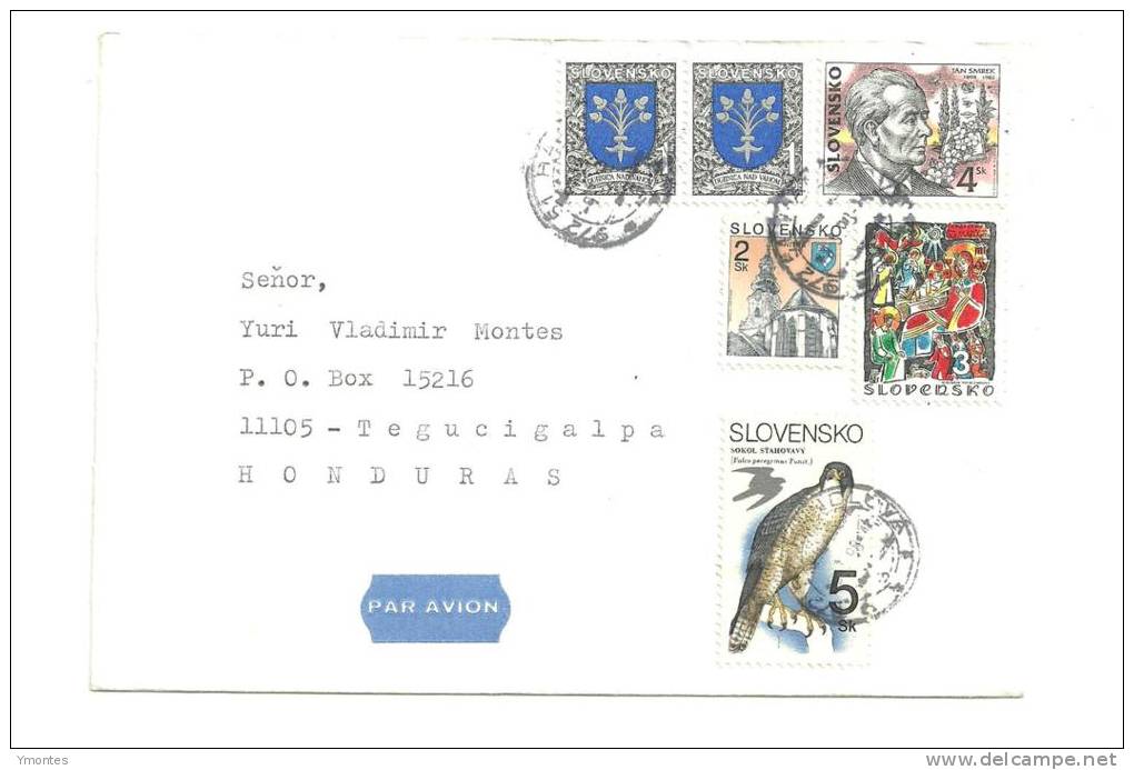 Cover Slovakia To Honduras 1998( Bird + Cpoat Of Arm Stamps ) - Lettres & Documents