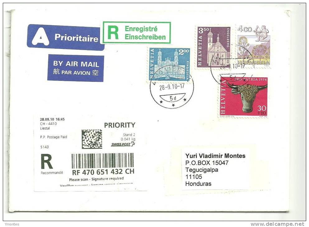 Registered Cover Switzerland To Honduras 2010 With Cow And Church Stamps - Covers & Documents