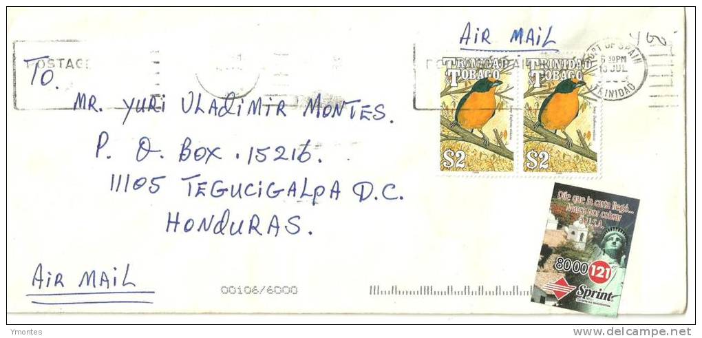 Cover Port Spain , Trinidad & Tobago To Honduras 1992 ( Birds Stamps) - Trinité & Tobago (1962-...)