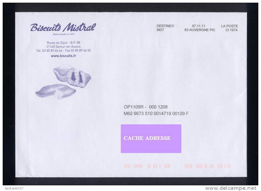 Enveloppe Envelope BISCUITS MISTRAL SEMUR EN AUXOIS 07/11/2011DESTINEO FRANCE - Brieven En Documenten
