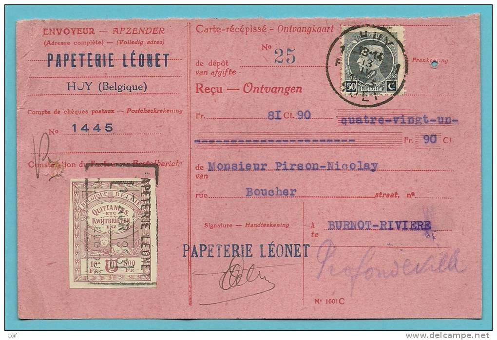 211 Op Ontvangkaart (carte-récepisse) Met Stempel HUY / HOEI - 1921-1925 Petit Montenez