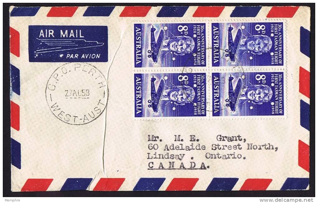 1958 First Tasman Flight Block Of 4  On Home Made  FDC To Canada - FDC