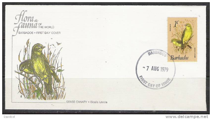 S790.-.BARBADOS .-. 1979-1981  .-. SCOTT #:495- FDC- GRASS CANARY / SICALIS LUTEOLA - Patos