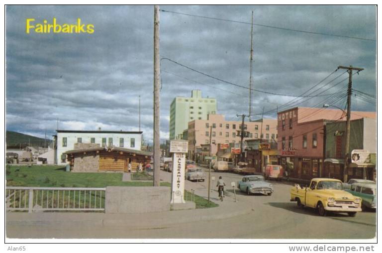 Fairbanks AK Alaska, 1st Avenue Street Scene, Autos Boy On Bicycle, C1950s Vintage Postcard - Fairbanks