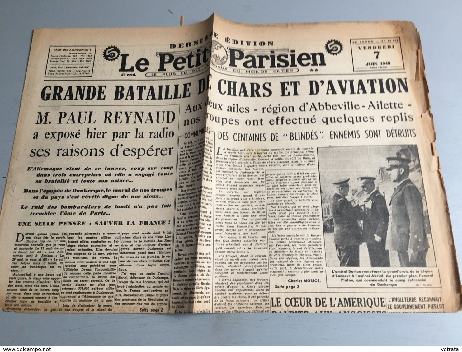 Le Petit Parisien  N°23109 Du 07/06/1940 (1 Feuillet) (jauni, Bords Frottés) - Le Petit Parisien