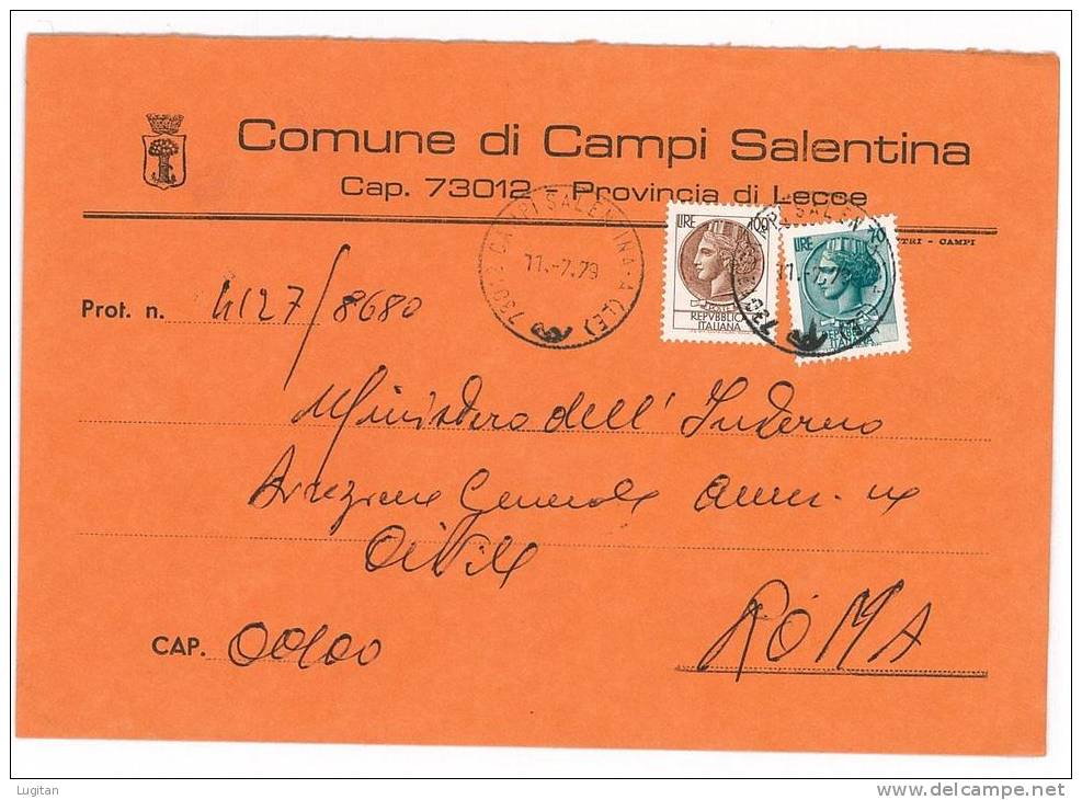 CAMPI SALENTINA CAP 73012  PROV. LECCE  ANNO 1978  LE - LS - PUGLIA  -TEMATICA COMUNI D'ITALIA - STORIA POSTALE - Macchine Per Obliterare (EMA)