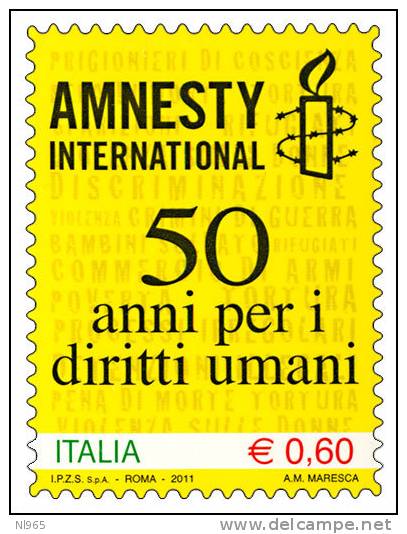 REPUBBLICA ITALIANA  ITALY   ANNO 2011 - AMNESTY INTERNATIONAL  NUOVI MNH ** - 2011-20: Mint/hinged