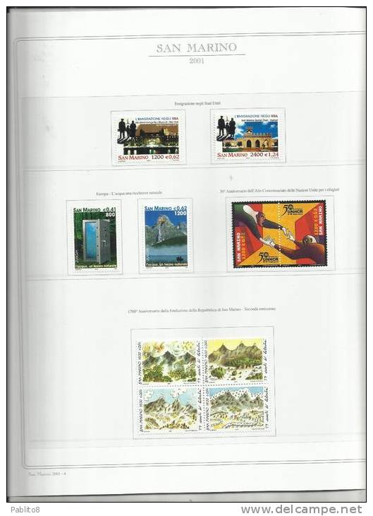 SAN MARINO 2001 ANNATA MNH MONTATA SU FOGLI MARINI - Volledig Jaar