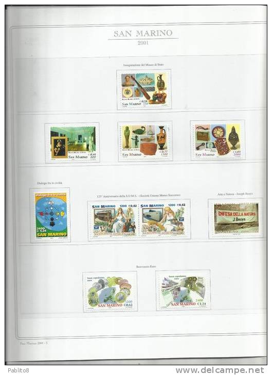 SAN MARINO 2001 ANNATA MNH MONTATA SU FOGLI MARINI