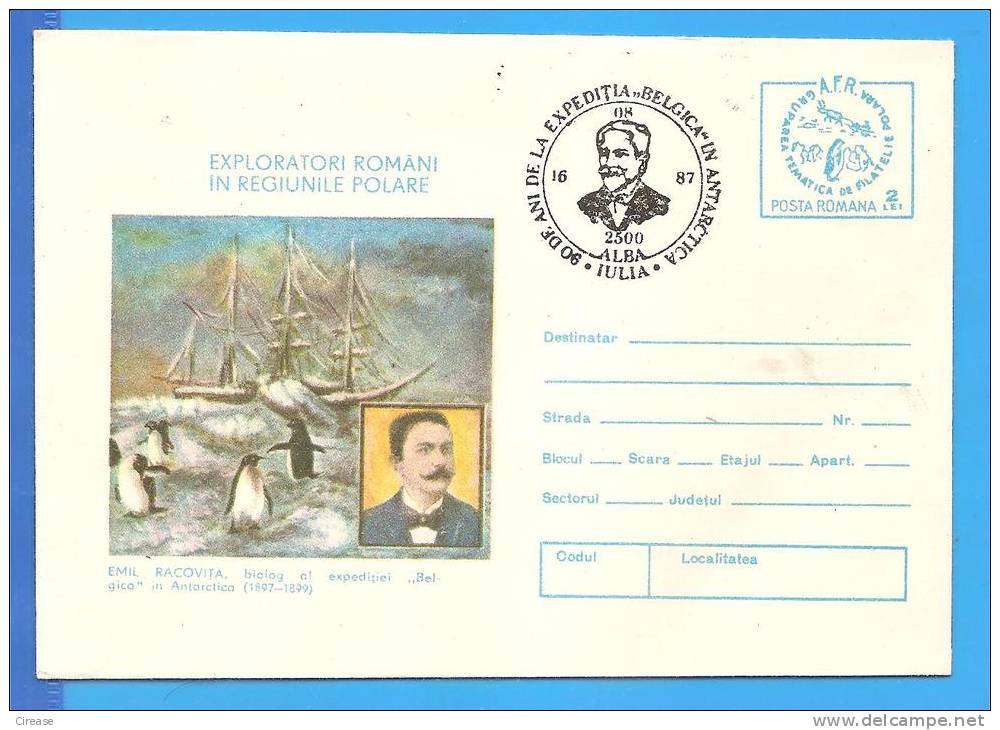 Expedition Belgica, Emil Racovita Caver And Biologist, Penguin Romania Postal Stationery Cover 1984 - Exploradores