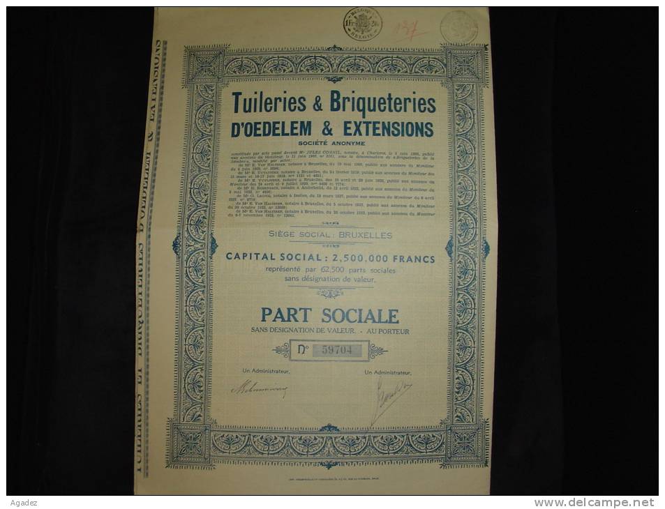 Part Sociale "Tuileries Et Briqueteries D'Oedelem & Extensions"Bruxelles 1933 Bon état,reste Des Coupons - Industrie