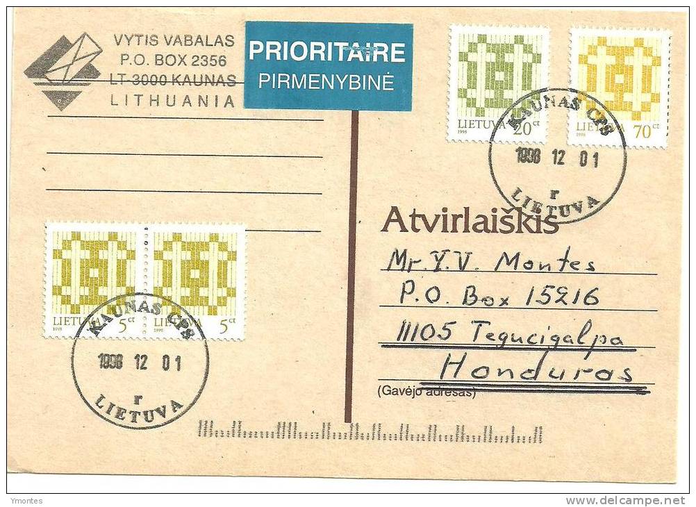 Postcard Kaunas Lithuania To Honduras 1998 - Lituanie