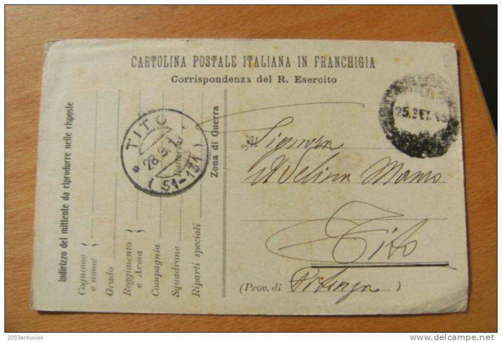 CARTOLINA POSTALE ITALIANA IN FRANCHIGIA -   I GUERRA   VIAGGIATA    TITO POTENZA  (6637) - Portofreiheit