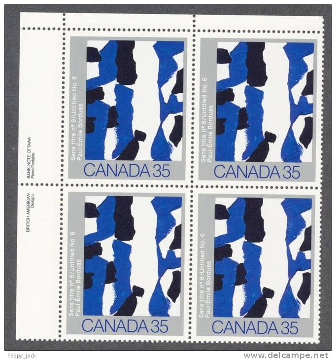 #889 Art Canadian Painters Upper Left Inscription Block Of 4 MNH - Num. Planches & Inscriptions Marge