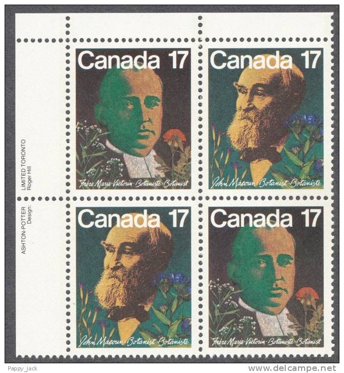 1981 Canadian Botanists #894 And #895 Upper Left Se-tenant  Inscription Block Of 4 MNH - Num. Planches & Inscriptions Marge