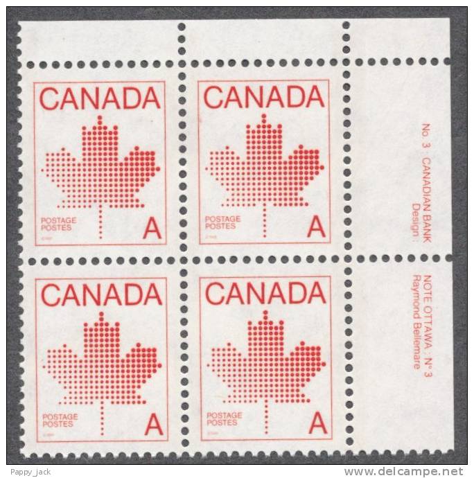 1981 #907 Maple Leaf Non Denominational A Definitive Plate Block No.3 Upper Right  Block MNH - Num. Planches & Inscriptions Marge