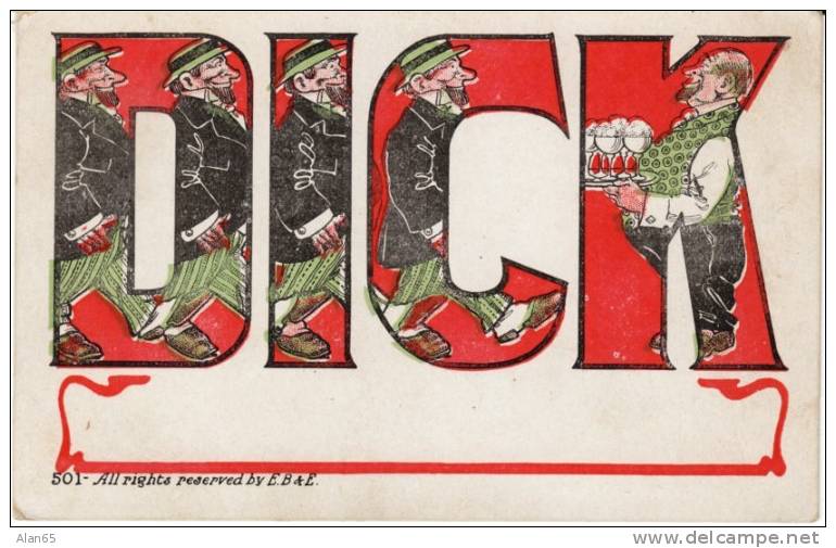 Large Letter 'Dick' Man's Name, Man Drinks Beer, C1900s Vintage Postcard - Firstnames