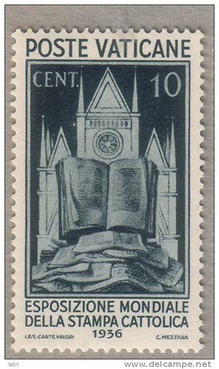 Vaticano - 1936 -  Esposizione Mondiale Stampa Cattolica - 10 Cent. - ** MNH - Nuevos