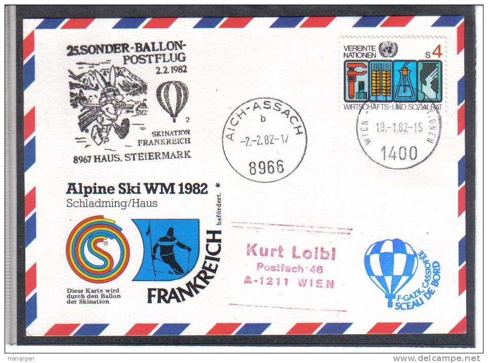 BLO232  ÖSTERREICH  UNO WIEN 1982  25. SONDER - BALLONPOSTFLUG - Per Palloni