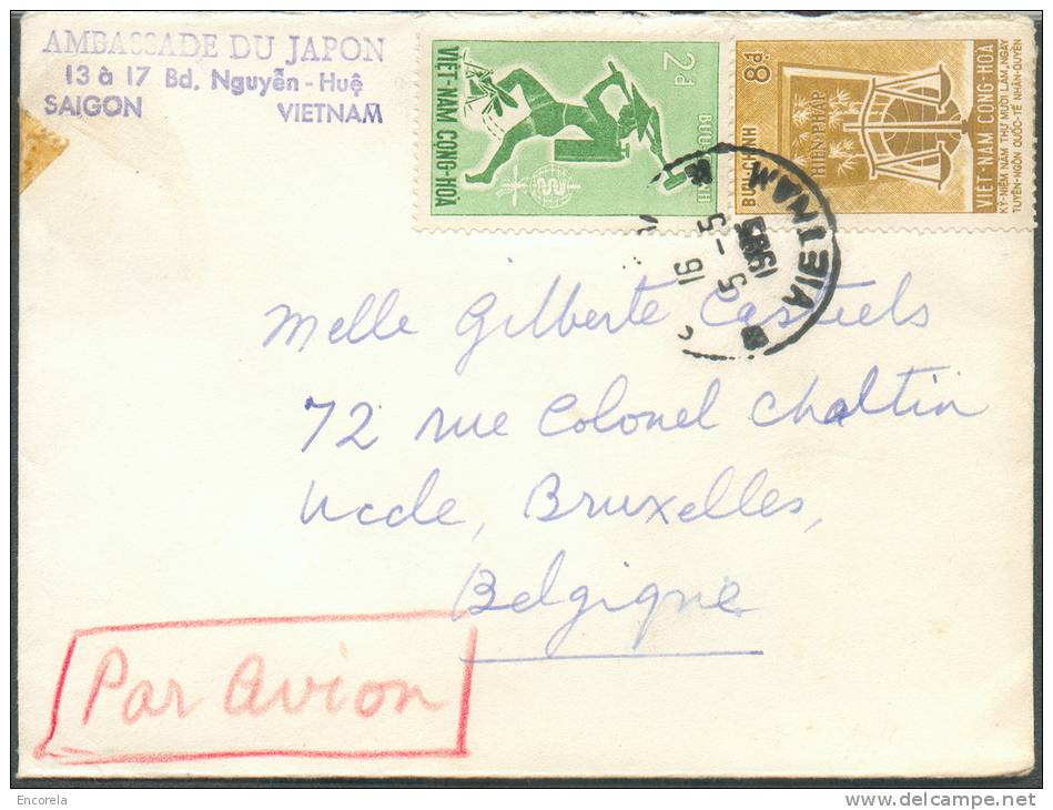 Lettre De SAIGON Vietnam (ambassade Du Japon) Par Avion Le 5-5-1955 Vers Uccle, Bruelles - 7462 - Viêt-Nam