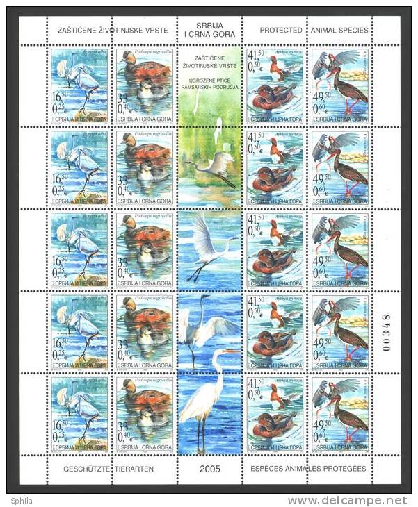 Jugoslawien – Yugoslavia 2005 Protected Animal Species - Endangered Birds Full Sheet; Mi.Nr. 3231-34 - Blocks & Sheetlets