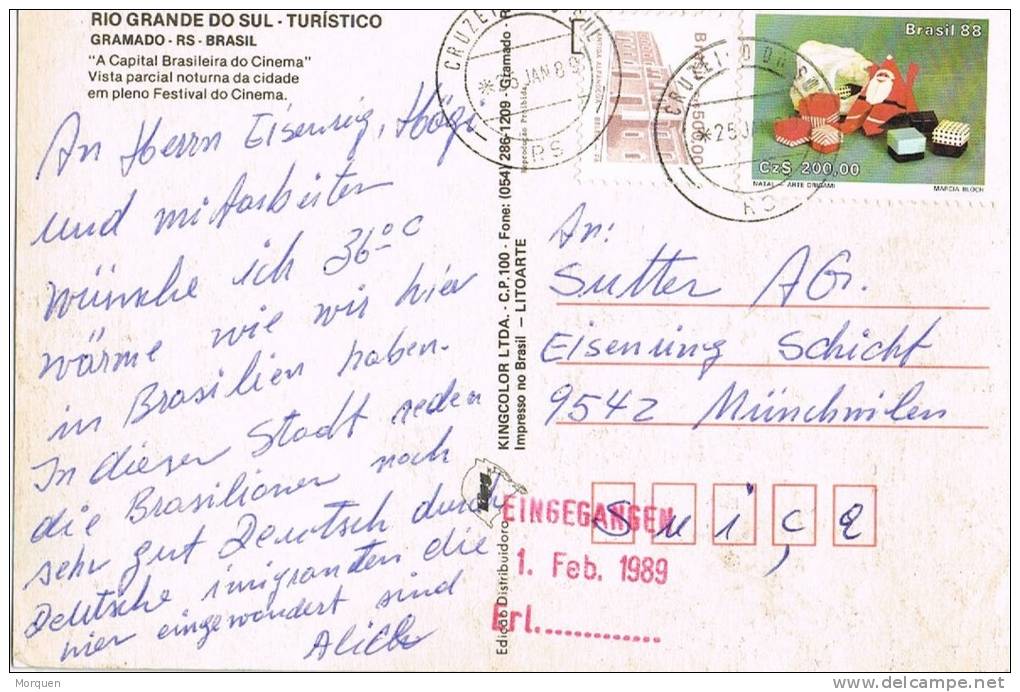 Postal Aerea CRUZEIRO Do SUL (Brasil)  1989 A Suiza - Brieven En Documenten