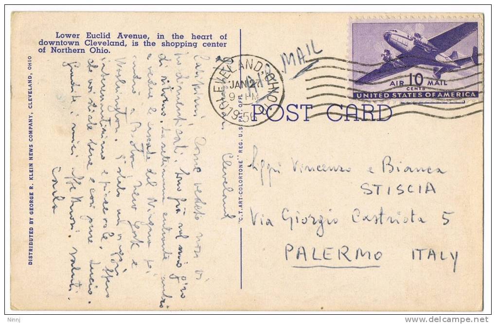 Stati Uniti Ohio Cleveland Cartolina Animata Viaggiata 27.Jan.1956 Air Mail X Palermo Sicily - Cleveland
