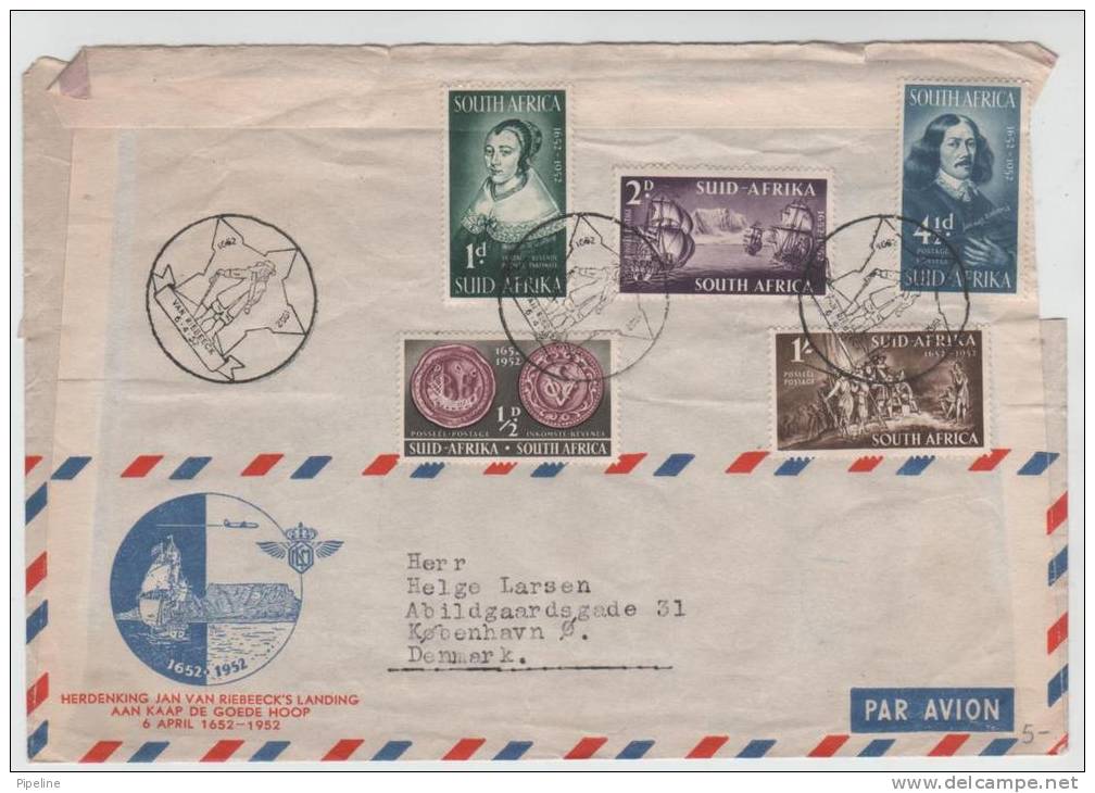 South Africa Air Mail Cover Sent To Denmark With Complete Set Riebeeck's Landing At Cape Of Good Hope 6-4-1952 - Lettres & Documents