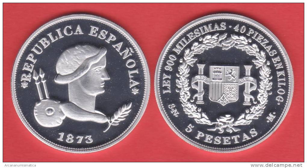 ¡¡¡MUY RARO!!!  I REPÚBLICA ESPAÑOLA(1.873-1.874)  5 PESETAS 1.873 #18-73 PLATA/SILVER   SC/UNC Esp.   DL-10.070 - Ensayos & Reacuñaciones