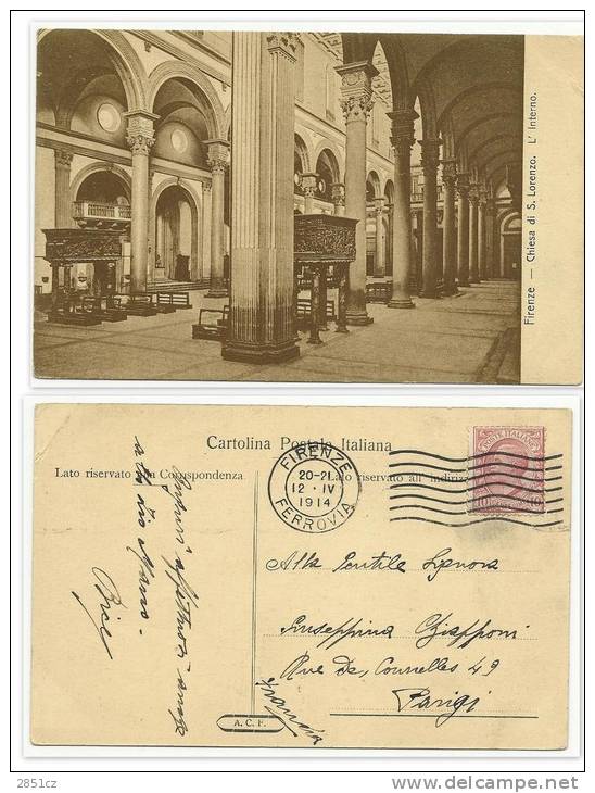 FIRENZE, Chiesa Di S.Lorenzo. L´Interno., Firenze, 1914., Italy, Postcard - Strafport