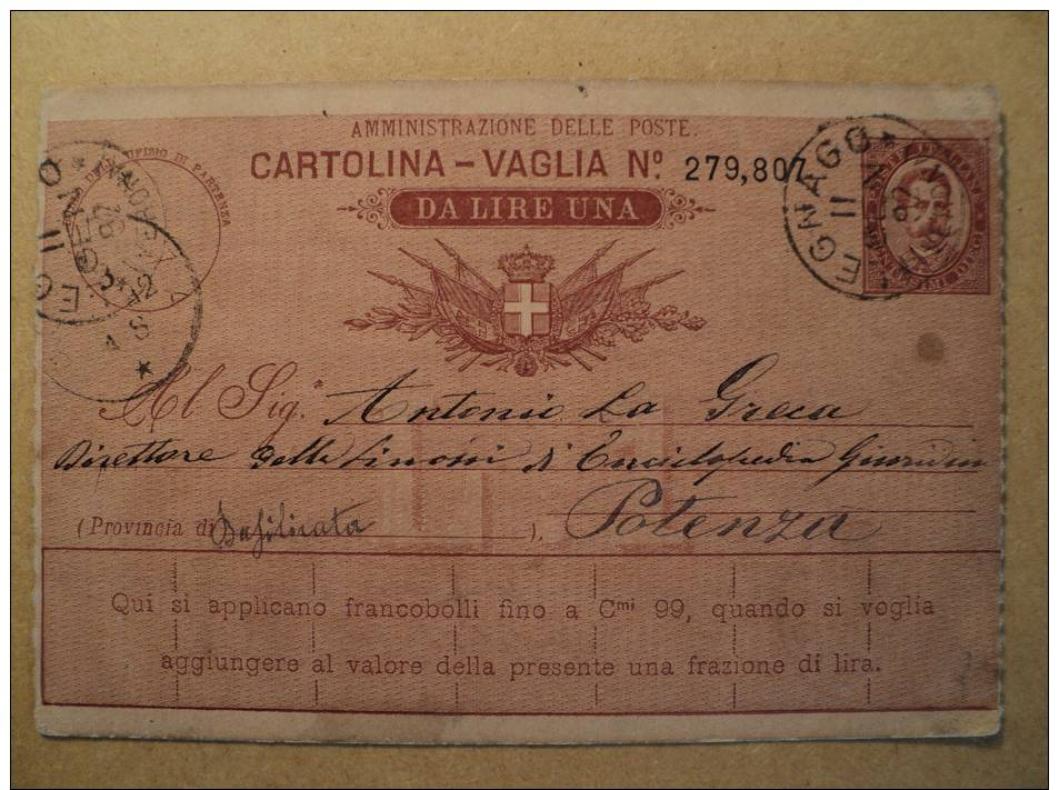 ITALY 1891 INT.1LIRE STATIONERY MO LEGNAGO TO POTENZA VERY NICE LOT A314 - Interi Postali