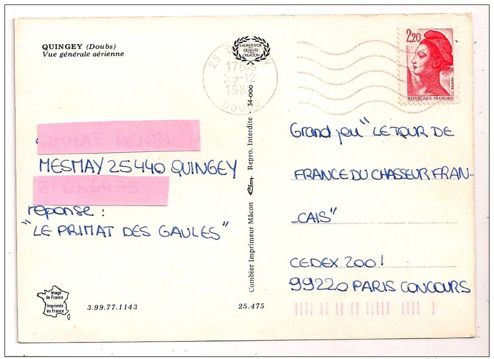 25 - QUINGEY - Vue Générale Aérienne - Format CPM - Recto / Verso - - Autres & Non Classés