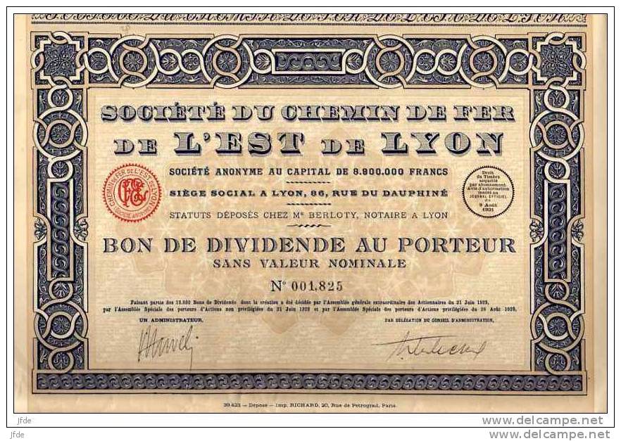 CHEMINS De FER De L´EST De LYON 1931 #24127 - Railway & Tramway