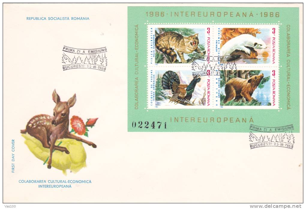 NATURE PROTECTION, Wild Cat, HERMIN, Grouse, BEAR,1986 COVER FDC,PREMIER JOUR,ROMANIA. - Bären