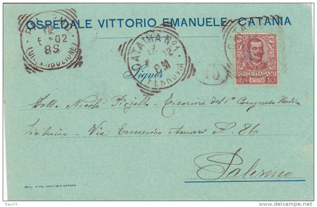 CATANIA  /  PALERMO  - Card / Cartolina Pubbl. "Ospedale V.E. " - 1902 - Floreale Cent. 10 Isolato - Reclame