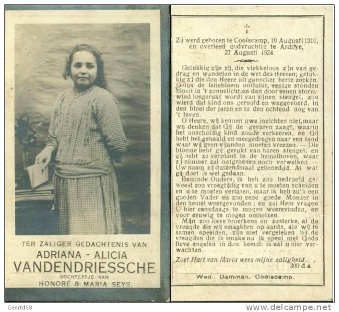 Doodsprentje Kind - Adriana Vandendriessche - Koolskamp 1910 -  Ardooie 1924 - Religión & Esoterismo