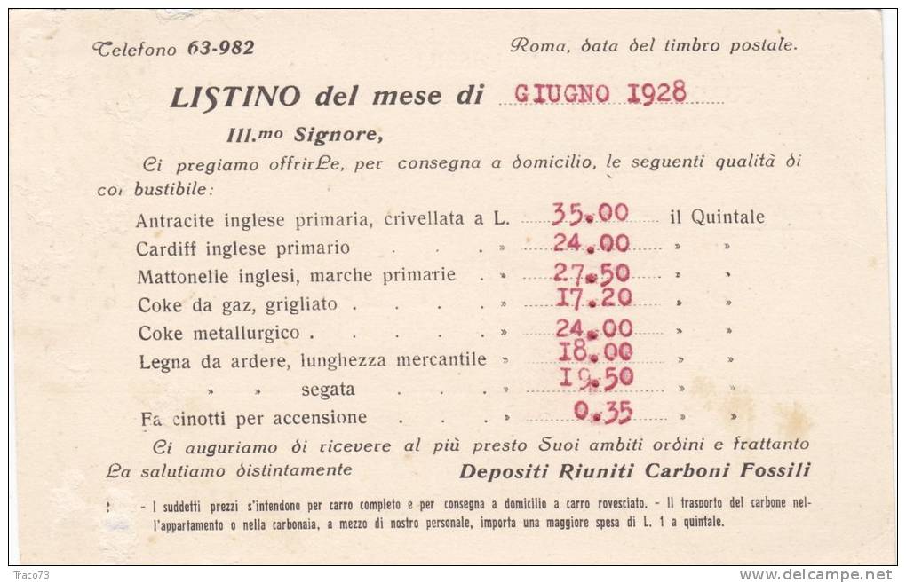 ROMA  -  " Depositi Riuniti Carboni Fossili  " - Card  /  Cartolina Pubblicitaria - Reclame