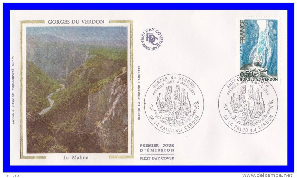 1996 (Yvert) Sur Enveloppe Premier Jour Illustrée Sur Soie - Série Touristique. Gorges Du Verdon - France 1978 - 1970-1979