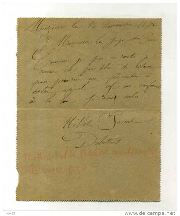 - FRANCE . CARTE LETTRE AVEC ENTIER 15C  SAGE  DU 16/11/1892 DE MAIZIERES LA G.de PAROISSE POUR MERY SUR SEINE . - Kaartbrieven