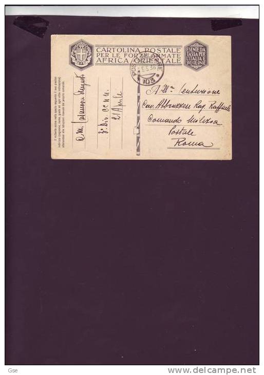 1936 - POSTA MILITARE  103 -  Cartolina Forze Armate - ETIOPIA - Aethiopien