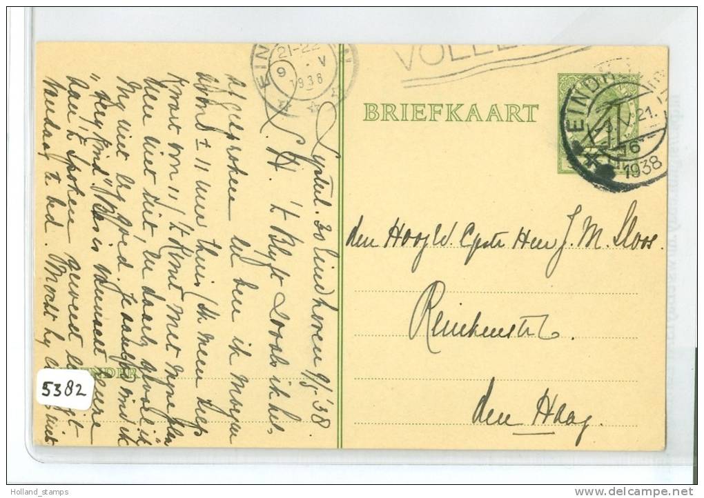 HANDGESCHREVEN BRIEFKAART Uit 1938 Van EINDHOVEN Naar DEN HAAG 4 CENT OPDRUK (5382) - Postal Stationery