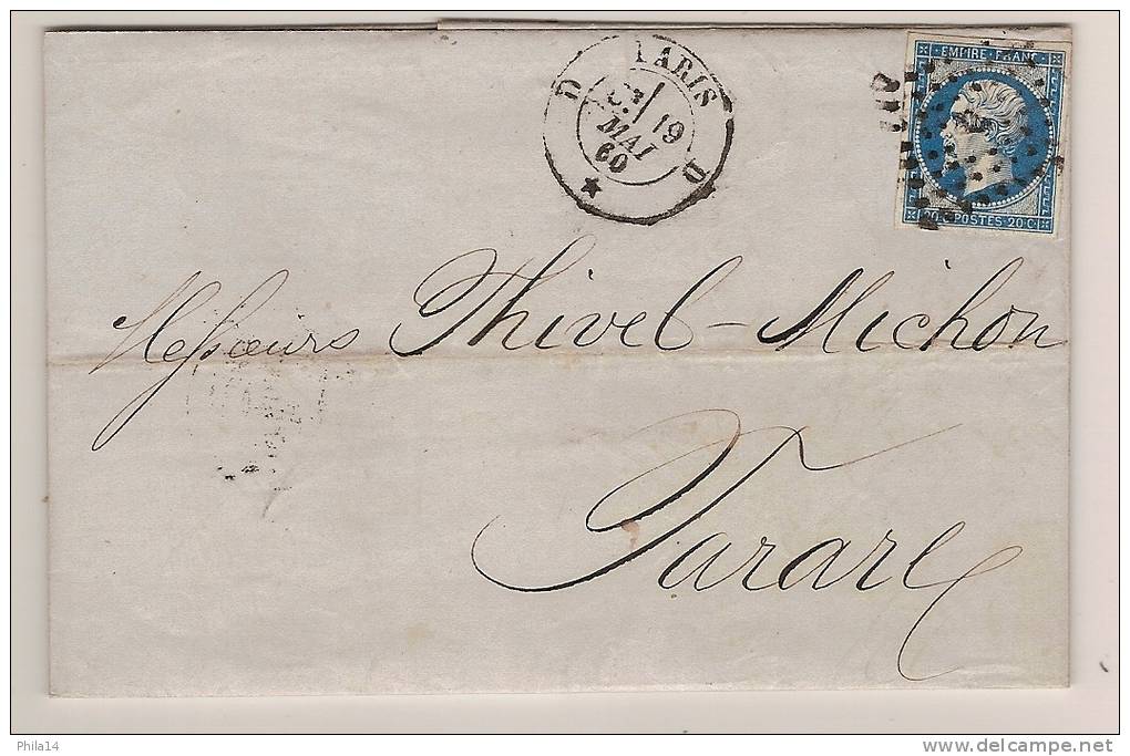 N° 14 BLEU NAPOLEON SUR LETTRE / PARIS D POUR TARARE / 19 MAI 1860 - 1849-1876: Période Classique