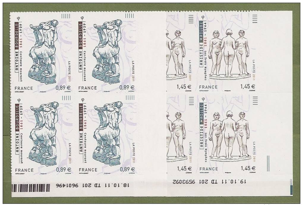 [L034] FRANCE ADHESIF 2011  NEUF ** (MNH) Blocs De 4 "Coin Daté".  Bourdelle Et Maillol 2X4  (timbres Issu De Feuilles) - Autres & Non Classés