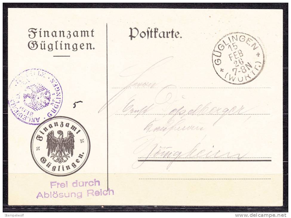 Karte, Frei Durch Abloesung Reich, Finanzamt Gueglingen, Nach Boennigheim 1926 (42518) - Briefe U. Dokumente