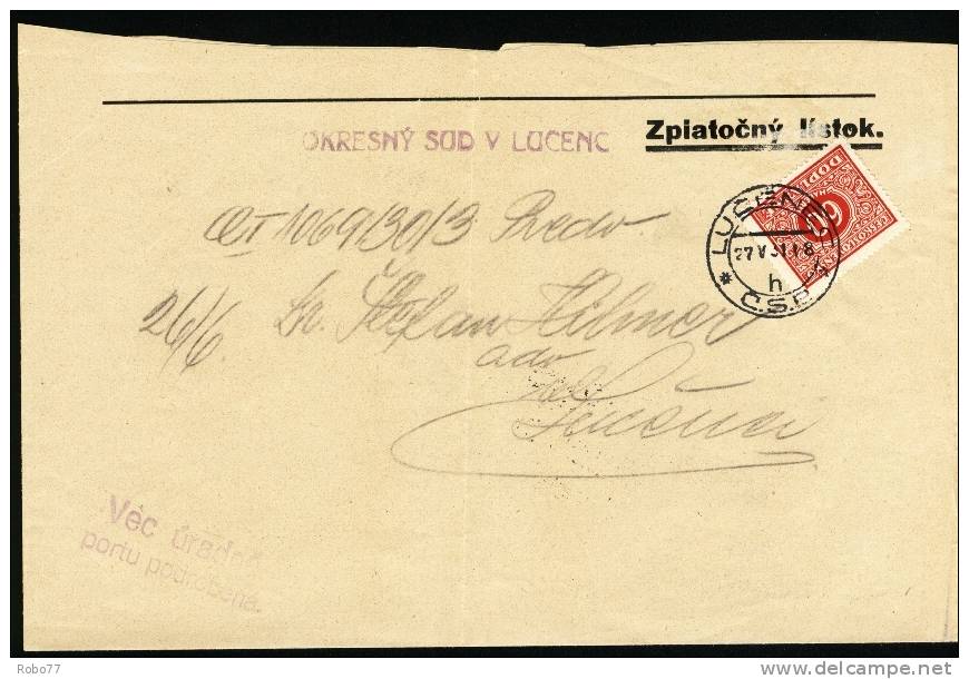 Czechoslovakia. Zpiato&#269;ný Lístok - Cover With Postage Due Stamp. Lu&#269;enec H, 27.V.31 (A08045) - Strafport